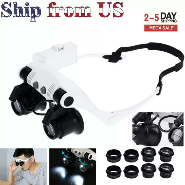 LED Headband Magnifier Headset Glass Loupe Head Lamp Light Jeweler Magnifying US