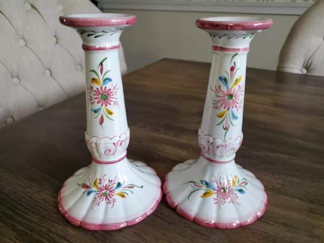 Vintage RCCL Portugal Hand Painted Pink & White Ceramic Floral Candle Sticks Set