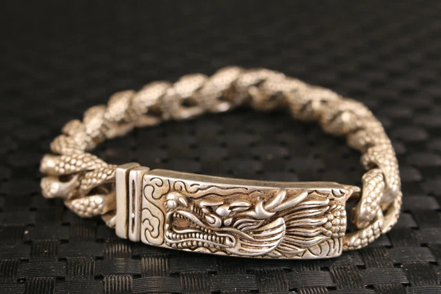 Rare Chinese old tibetan silver hand cast dragon Bracelets man Jewelry gift
