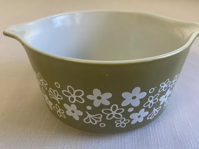 Vintage Pyrex Avocado Green Spring Blossom Casserole 473-B Crazy Daisy 1-1/2 QT