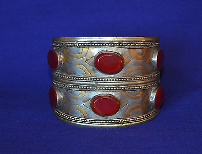 Heavy Old Silver &  Gold Gem Stones  Carnelian Tekke Turkoman Tribal Bracelet
