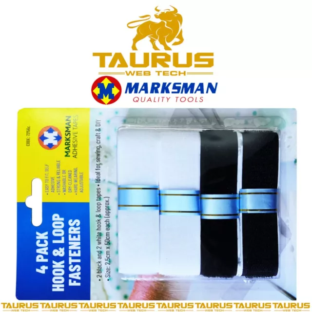 4 x MARKSMAN HOOK & LOOP Tape Self Adhesive DIY Valcro Strip 2M White & Black UK