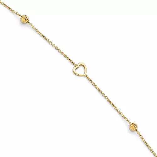 14k Yellow Gold Diamond Cut Cable Link Open Heart Halo Design Ankle Bracelet