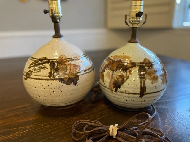 Vintage Glazed Hand Thrown Pottery Electric Table Lamps Brown Beige Round