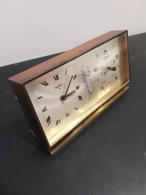 Orologio Sveglia Da Tavolo Con Barometro Temperatura SWIZA In Ottone Funzionante
