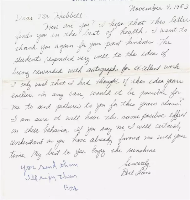 6 WORD NOTE signed by HOFer CARL HUBBELL (deceased 1988)