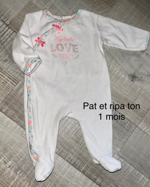 Pat Et Ripaton 1 MOIS : BABYGROS Pyjama Velours Fille Blanc TBE