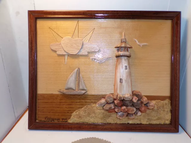 Wood Wall Art-Hand Carved 3D Lighthouse & Beach Art Midwest