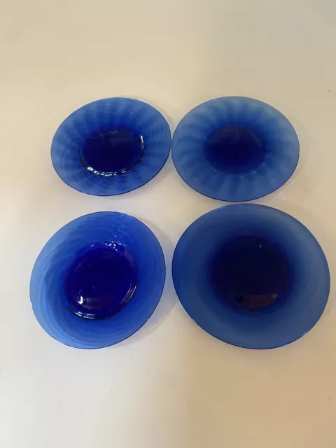 SET OF 4 Vintage Hand Blown Cobalt Blue Swirl Glass Plates 6”D Dessert