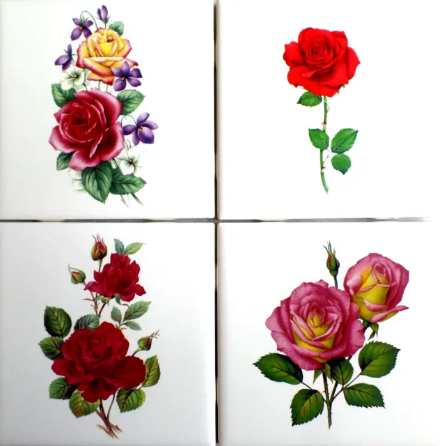 Set of 4  Rose Flowers Kiln Fired Ceramic Tiles 4.25" x 4.25" Décor