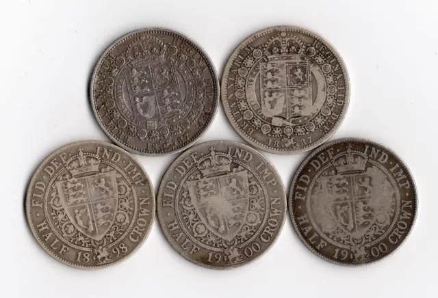 1887-1900 Half Crown Coins (5), Queen Victoria Silver Coins Jubilee/Old Head