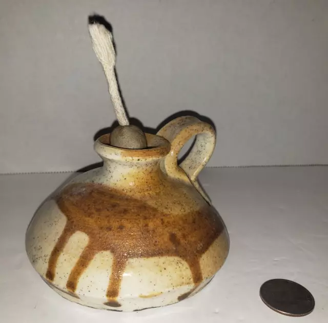 Art Pottery Stoneware Oil Lamp Earthtones Wick Handcrafted Primitive Drip Animal