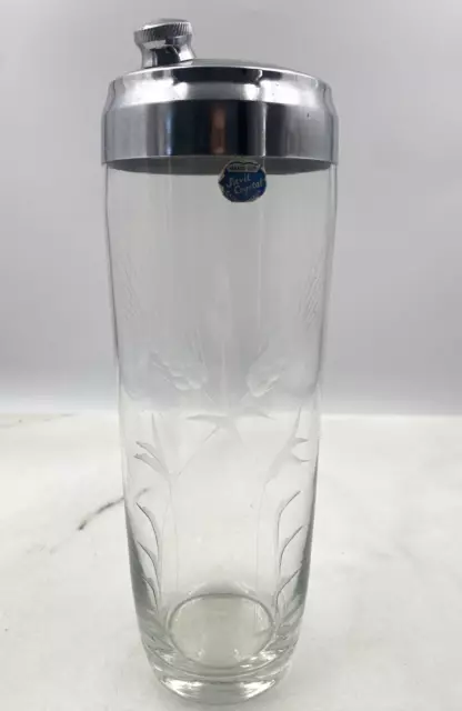 VTg Javit Crystal COCKTAIL SHAKER PARTY MIXER ETCHED CLEAR GLASS CHROME TOP