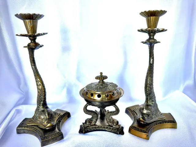 Antique Victorian Ornate Brass Bronze Dolphin Candleholders Covered Bowl Set