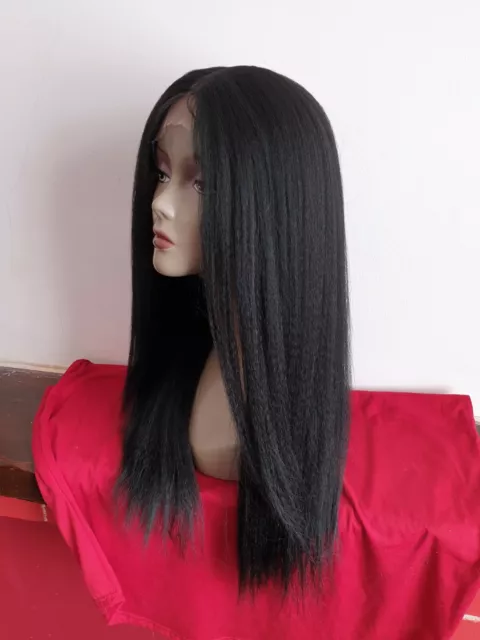 20" Lace Front Middle Part Wig Synthetic Hair Yaki Straight Black Heat Resistant