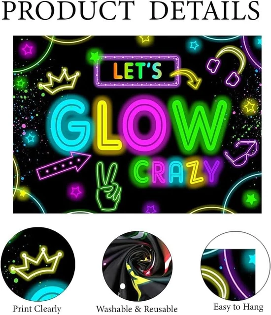 NEON HAPPY BIRTHDAY Banner Glow Party Backdrop,Lets Glow Crazy Backdrop ...