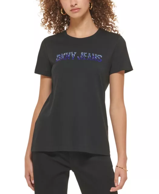 DKNY Women's Rhinestone Logo Crewneck T-Shirt Black Size Small