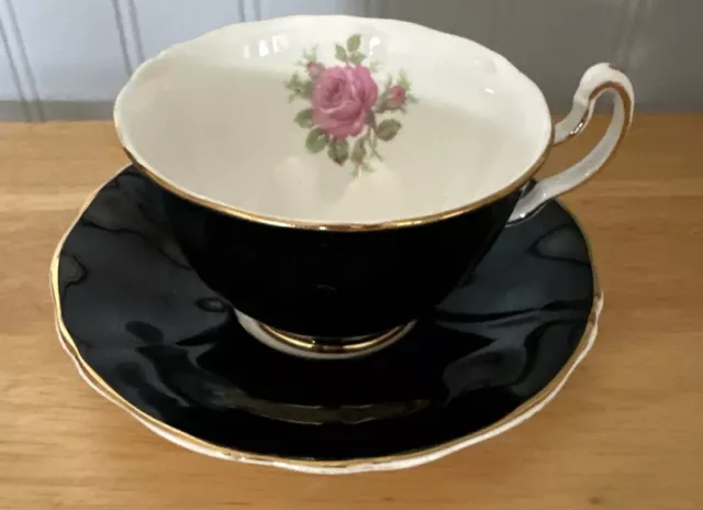 Vintage Adderley Lawley England Footed Black Floral Bone China Tea Cup & Saucer