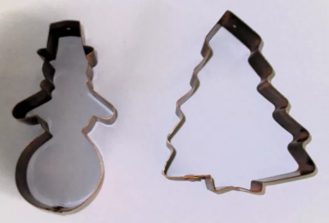 Two Heavy Copper Cookie Cutters Christmas Tree and Snowman 5 inches Tall