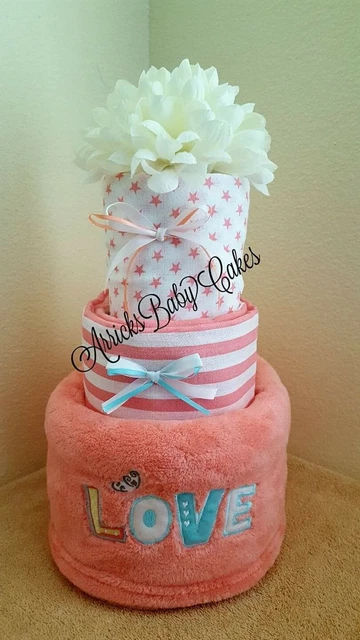 Diaper Cake~Love~Baby Shower~Baby Girl~Muslin~Baby Blankets~Free Shipping🤍🤍🤍