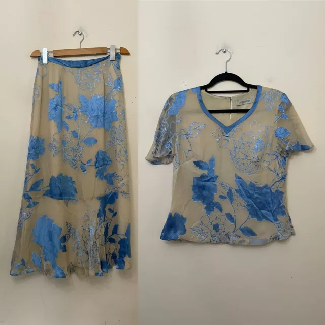 Camicia gonna Jacques verde madre della sposa misto seta blu beige taglia 10