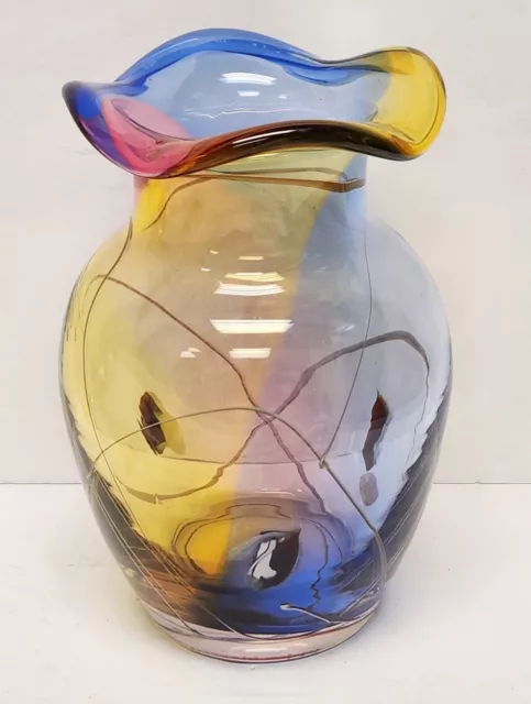 Vintage MCM Signed Adam Jablonski Multicolor Art Glass Ruffled Vase Poland 7"