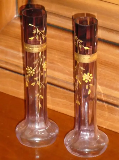 2 jolies vases soliflores verre émaillé Legras mauve décor de fleurs Art Nouveau
