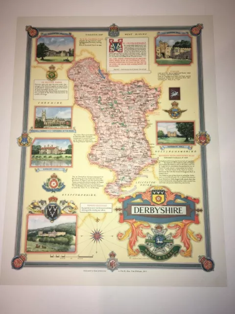 Derbyshire Map Designed drawn Ernest Clegg 1946 Historic vintage Original 22X17”