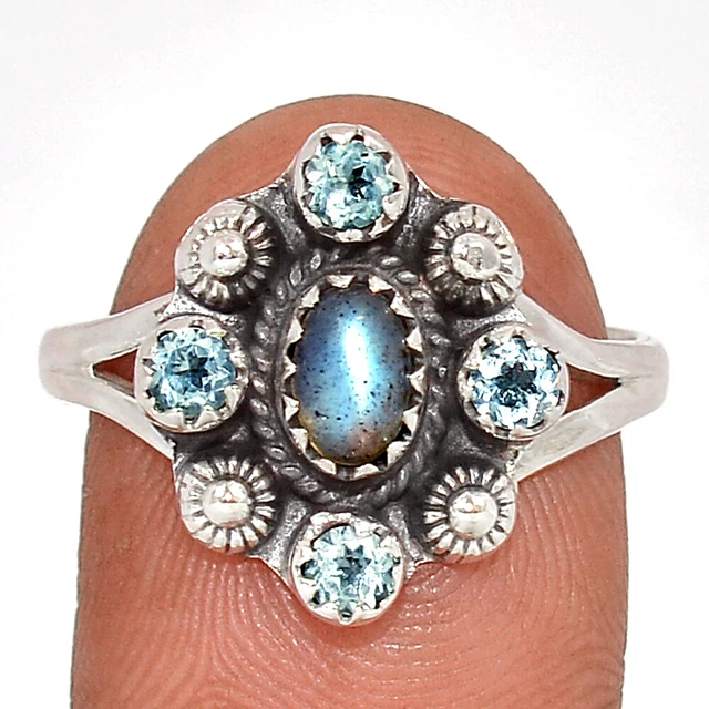 Natural Labradorite & Blue Topaz 925 Sterling Silver Ring XA10 s.9.5 CR24234