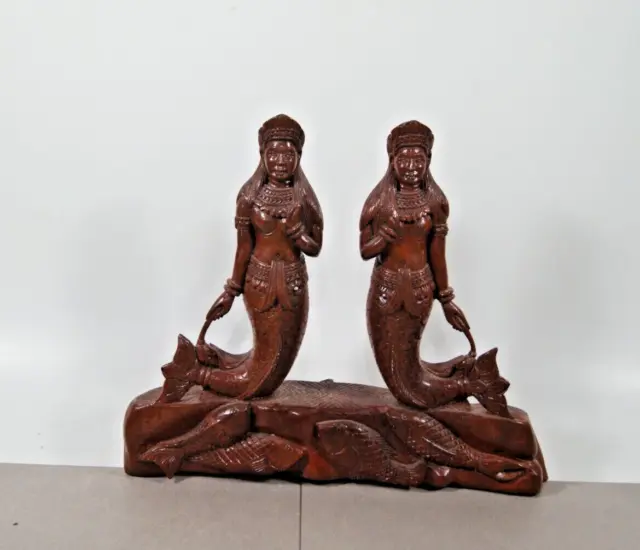 Vintage Signed Cambodian Apsara Mermaid Wooden Carving -Tath Kosal- MCM
