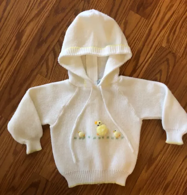 Vintage All Mine White with Yellow Trim Baby Hooded Sweater Size 6-9 Mo.