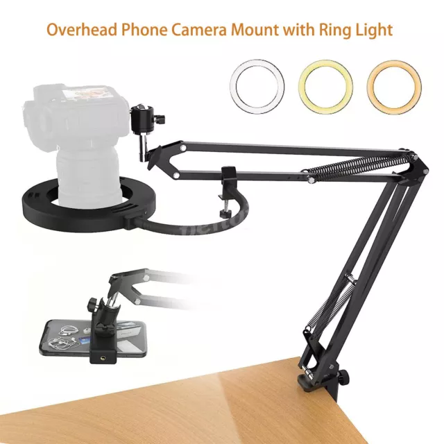 Overhead Phone Camera Mount with Ring Light Adjustable Scissor Arm Stand Tripod
