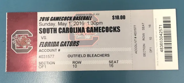 2016 South Carolina Baseball Ticket vs Florida Gators Jonathan India DEBUT YR-1