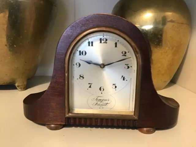 Vintage HAC Miniture Mahogany Tempus Fugit Mantle  Silvered Dial Clock