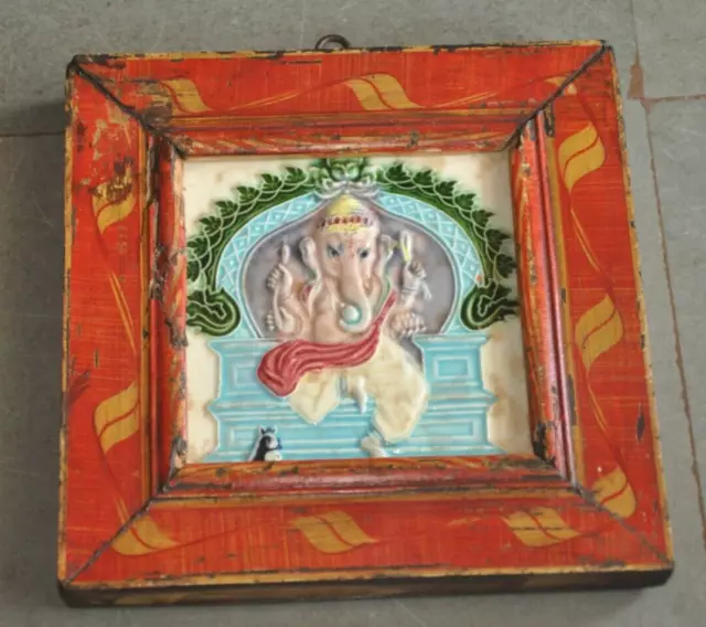 Vintage Lord Ganesha Embossed Colorful Wooden Painted Frame Ceramic Tile