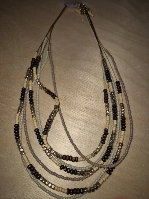 Collier Vintage Réglable - 5 Rangs De Perles En Résine Couleur Prune, Bijou Fantaisie Années 70