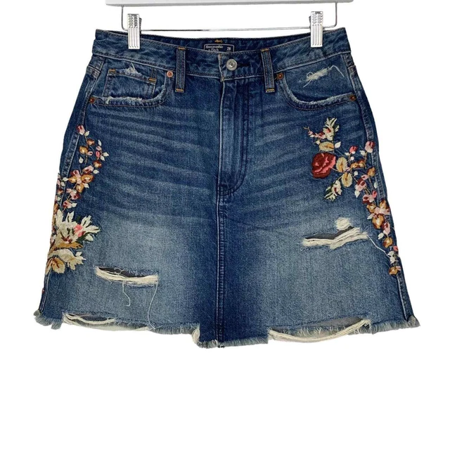Abercrombie & Fitch AF Womens Jean Mini Skirt 28 Floral Boho Embroidered NWT