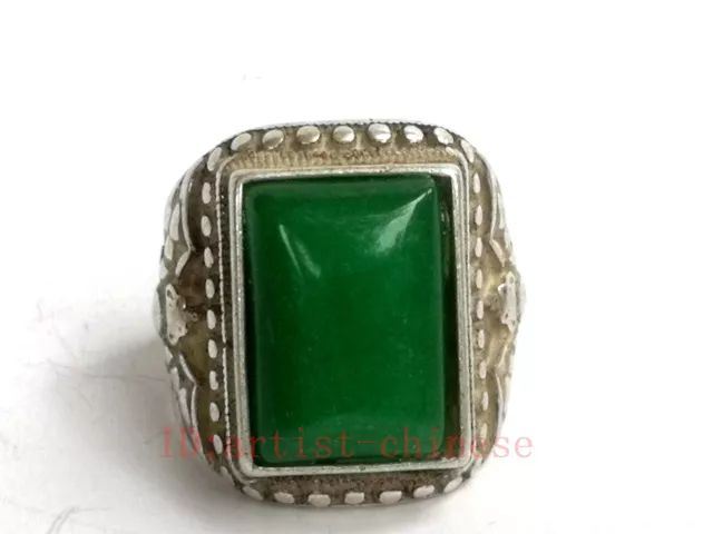 Ornament Collection Chinese Tibet Silver Handmade bat Inlay Green Jade Ring Gift