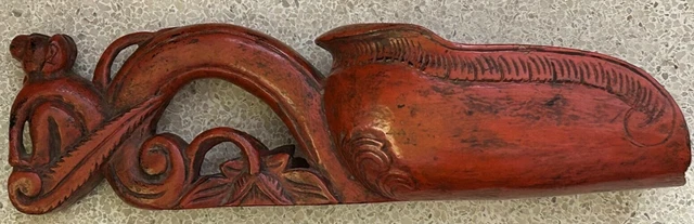 Carved Wooden Teak Red Lacquer Rice Scoop Monkey Burmese Myanmar 18" 3