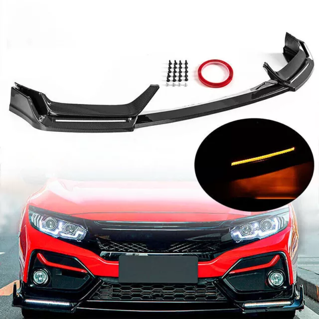 FOR 17-21 HONDA CIVIC Si & HATCHBACK BLZ STYLE CARBON FIBER LED FRONT BUMPER LIP