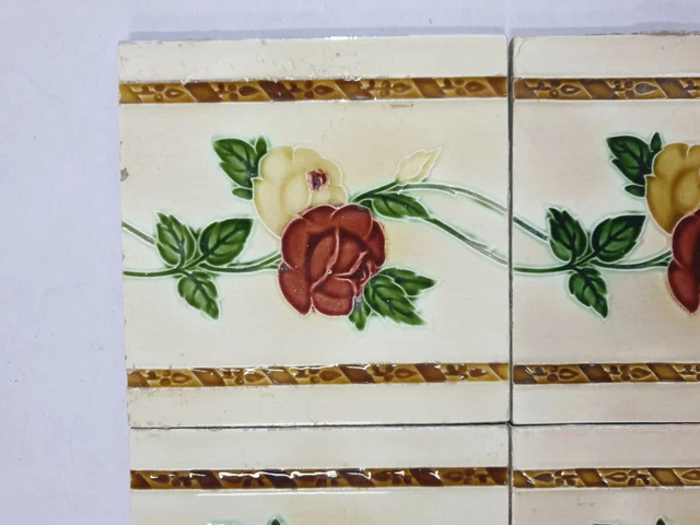 4 piece x VINTAGE MAJOLICA TILE Japan - RED & YELLOW ROSE (1550) 3