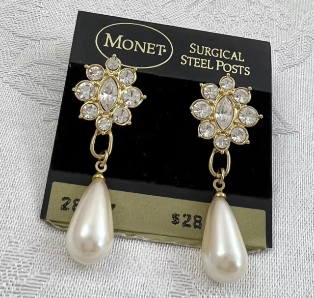 Vintage Signed Monet Crystal Rhinestone Flower  Dangle Pearl Pierced Earrings