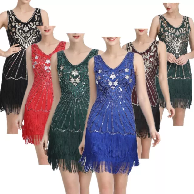 Women 1920s Flapper Dress Sleeveless V Neck Sequin Fringe Cocktail Party Dress