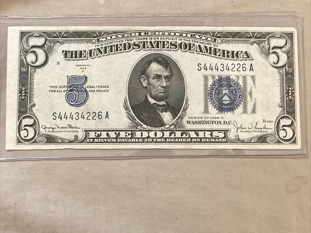 1934 D $5 Five Dollar Silver Certificate with miscut edges fancy S/N S44434226A