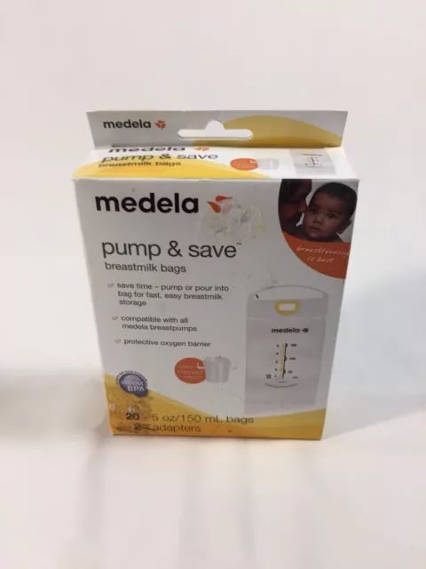 Medela Pump & Save Breastmilk Bags 20ct and 2 Adapters Storage NIB USA AUTHENTIC