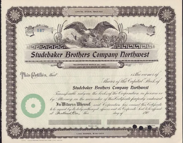 STUDEBAKER BROTHERS COMPANY NORTHWEST PORTLAND OREGON old stock - blank unissued
