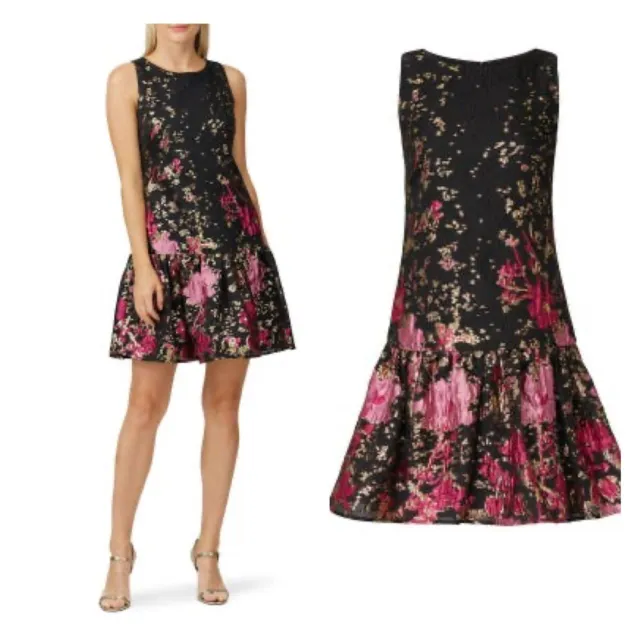MARCHESA NOTTE Dress Formal black pink gold floral metallic sleeveless 0 EUC