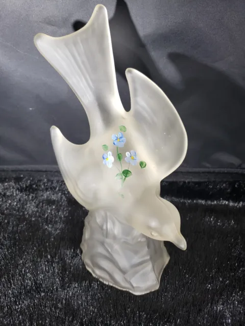 Vintage LE Smith Satin Glass Bird in Flight Figurine. Hand Painted Roses.