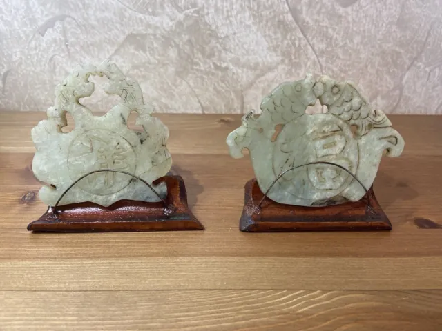 pair Antique Chinese hand carved green jade on wood base