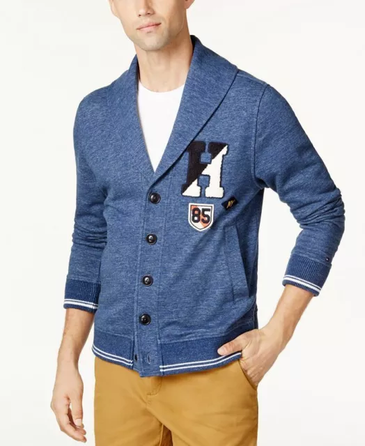 Tommy Hilfiger Shawl Collar Patch Varsity Cardigan Sweater Blue Mens Xl New $129 2